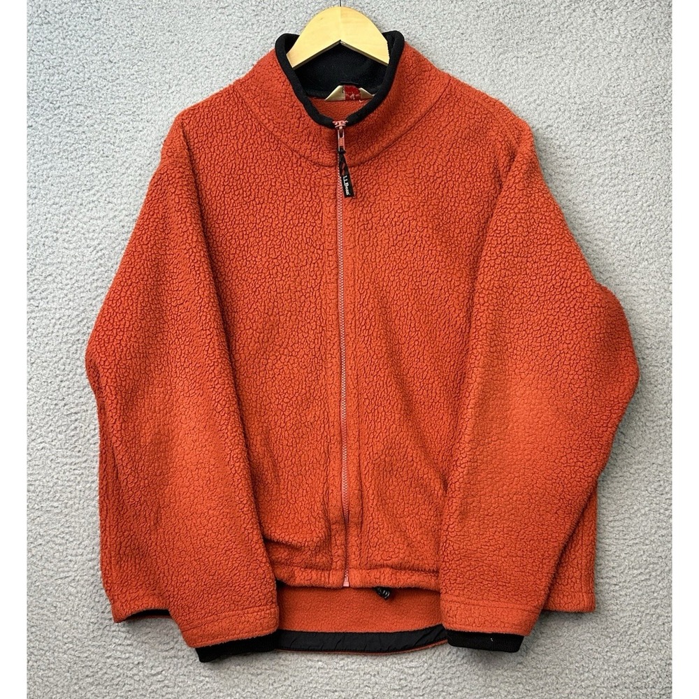 Vintage 90s LL Bean Deep Pile Sherpa Fleece Mens Large Orange Full Zip Gorpcore